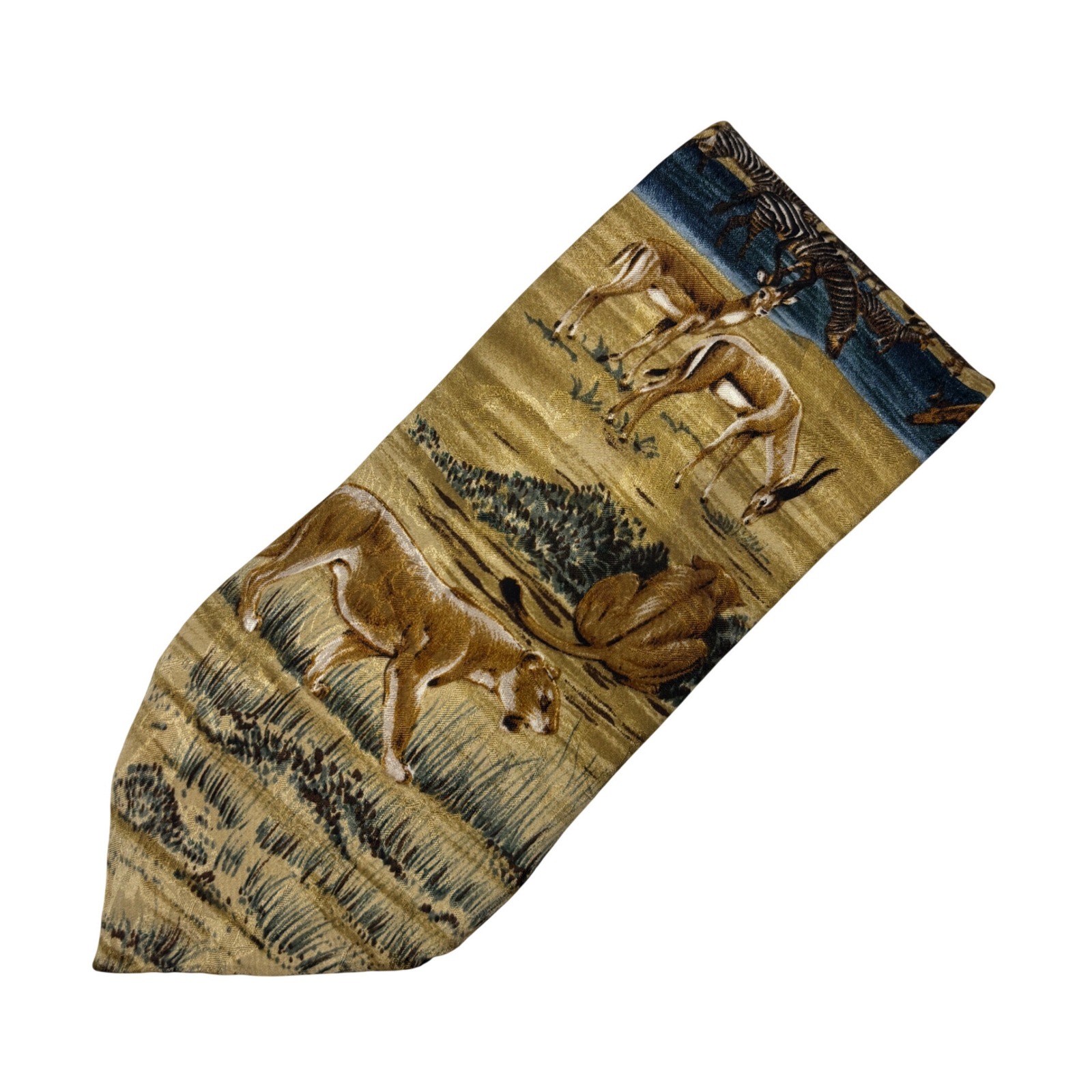 Endangered Species Silk Necktie Mens Gold Safari Animal Print Lion Zebra Usa 90s